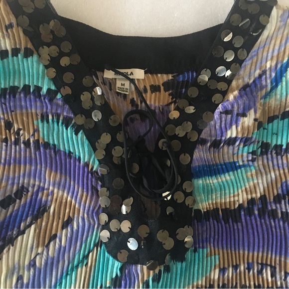 Nicola Multicolor Stretchy Top-Pleated-Puffy Sleeve-M- Sequins-Purple Brown Teal - Picture 3 of 15